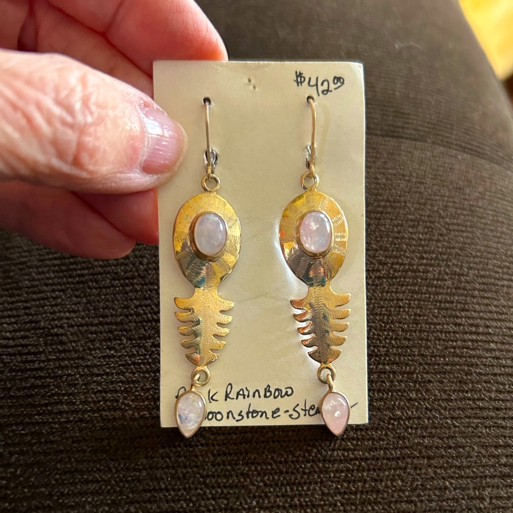 Light pink rainbow moonstone sterling silver earrings